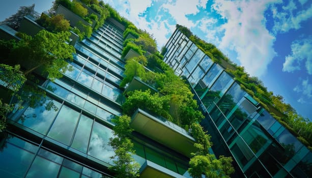 A tall building with a lot of green plants growing on it by AI generated image.