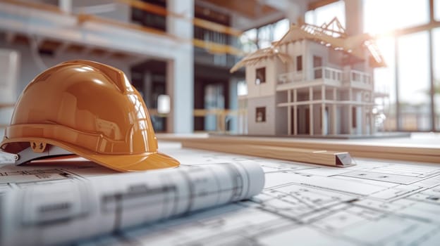 A hard hat is on top of a ruler and a sheet of paper.