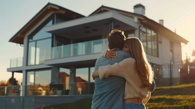 Couple embracing in front of their new big modern house, Buying your dream home concept.