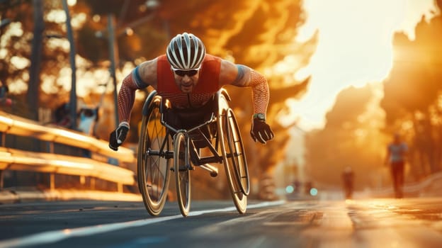 A man in a wheelchair is racing down a street, Paralympic concept.