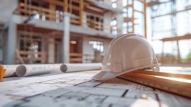 A hard hat is on top of a ruler and a sheet of paper.