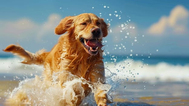 A happy Golden Retriever dog running on the beach.