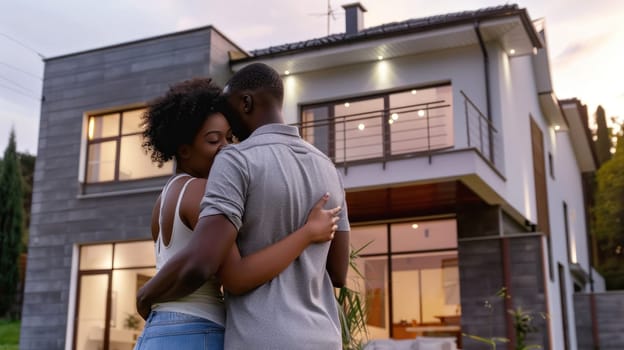 Couple embracing in front of their new big modern house, Buying your dream home concept.