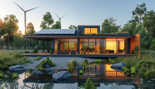 A house with a green roof and solar panels on the roof by AI generated image.