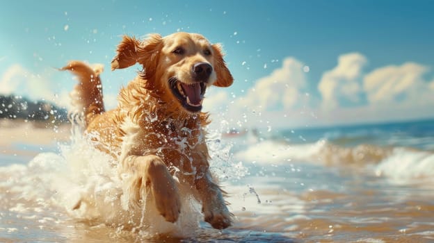 A happy Golden Retriever dog running on the beach.