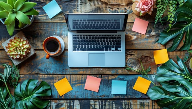 A laptop is on a wooden desk with a cup of coffee by AI generated image.