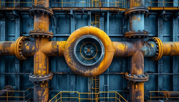 A rusty pipe with a yellow circle in the middle by AI generated image.