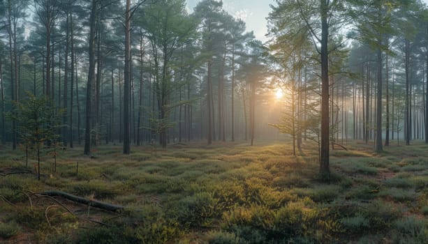 A forest with a sun shining through the trees by AI generated image.