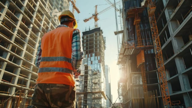 A construction worker in an orange vest stands in front of a building.