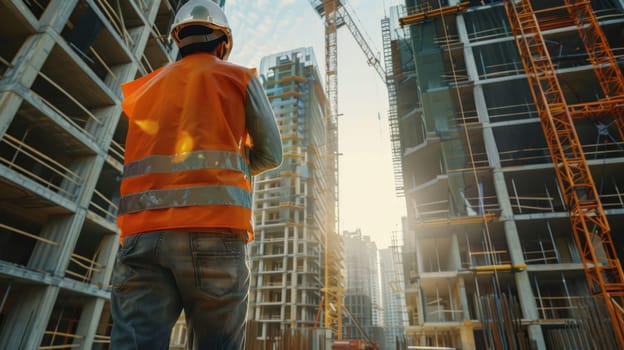 A construction worker in an orange vest stands in front of a building. The scene is set in a city with tall buildings in the background