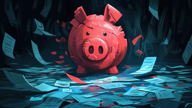 An abstract illustration of a broken piggy bank surrounded by overdue bills and debt collection letters.