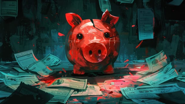 An abstract illustration of a broken piggy bank surrounded by overdue bills and debt collection letters.