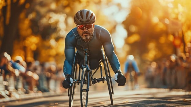 A man in a wheelchair is racing down a street, Paralympic concept.