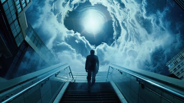 A man is walking on a set of stairs in front of a large moon.