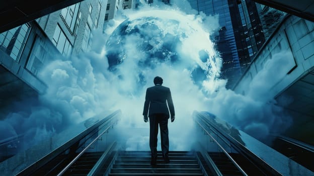 A man is walking on a set of stairs in front of a large moon.