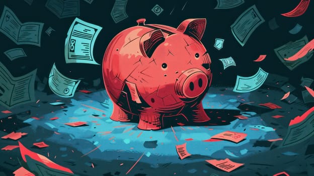 An abstract illustration of a broken piggy bank surrounded by overdue bills and debt collection letters.