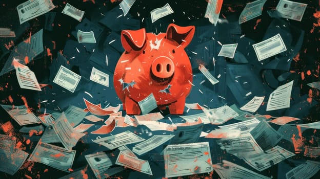 An abstract illustration of a broken piggy bank surrounded by overdue bills and debt collection letters.