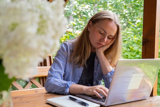 Loneliness, staying motivated remote work Young woman freelancer working online using laptop outdoors in garden. Online meeting education. Worcation, work from vacation, hybrid work model