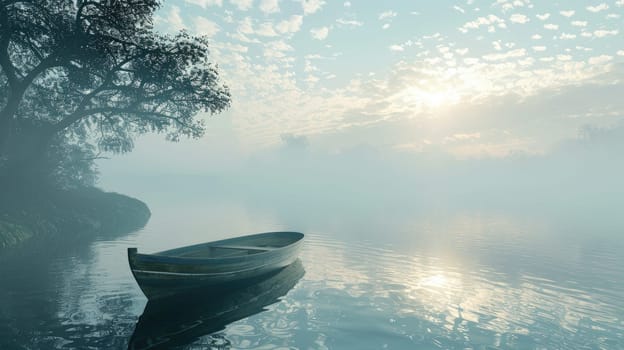 Misty Lake Landscape with Boat and Mountains