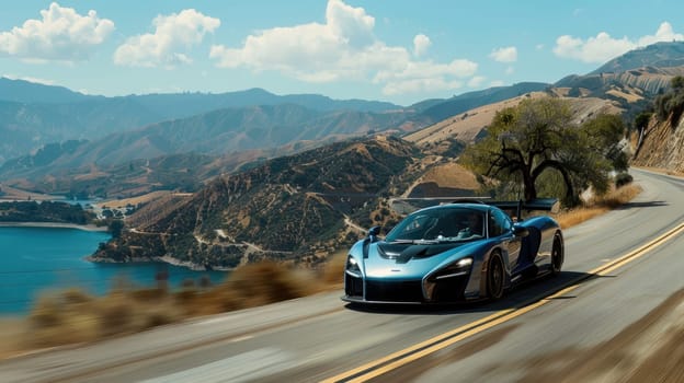 An super car drives along the road along the water reservoir ridge