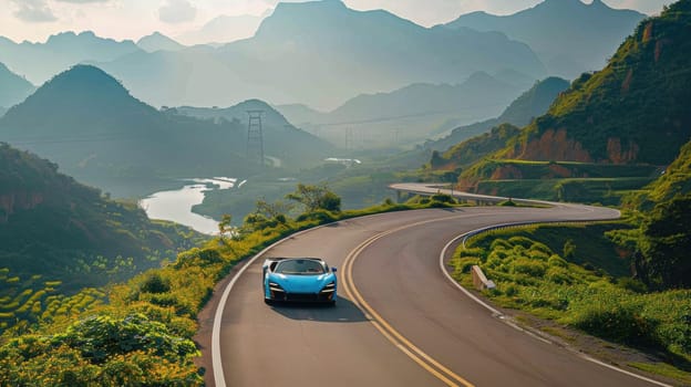 An super car drives along the road along the water reservoir ridge