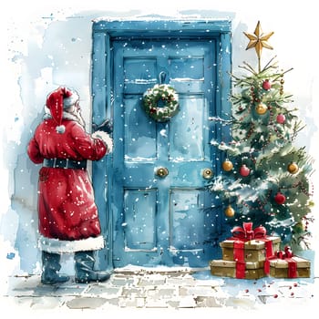 In front of a blue door, Santa Claus stands next to a Christmas tree adorned with holiday ornaments. Through the window, snowflakes dance in the winter air