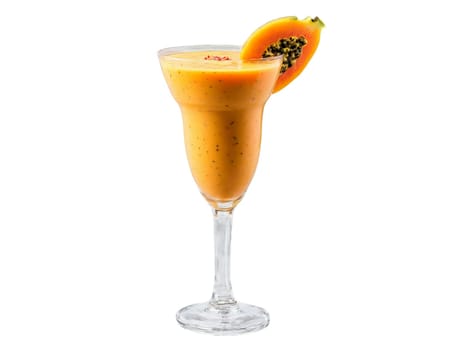 Papaya Passion Smoothie A tropical papaya passion smoothie in a stylish glass topped with papay. Drink isolated on transparent background.