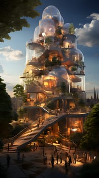 An artists vision of a modern building rising into the sky, embraced by lush trees and greenery. A harmonious blend of nature and urban architecture in a futuristic cityscape