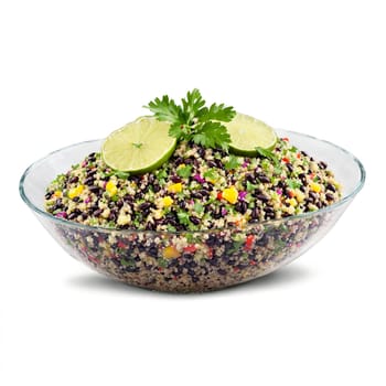 Quinoa black bean salad colorful and zesty tossing and mixing with lime wedges and cilantro. Food isolated on transparent background.