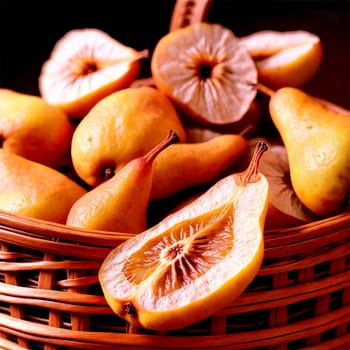 Dried pear slices in a rustic wicker basket soft beige with a delicate texture. Food isolated on transparent background.