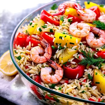 Orzo and shrimp salad with cooked orzo pasta grilled shrimp and diced bell peppers tossed. Food isolated on transparent background