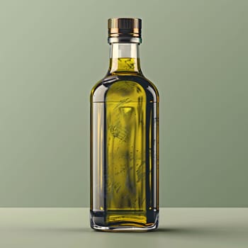 A glass bottle filled with olive oil is placed on a table, showcasing the smooth fluid inside. The bottle is an example of drinkware that contains a solvent solution