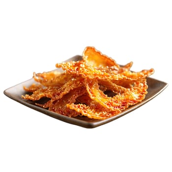 Pork ear thinly sliced and crispy fried Sichuan chili oil dripping Food and Culinary concept. Food isolated on transparent background.