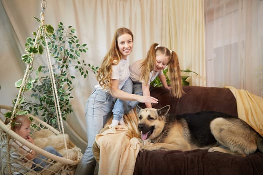 Loving family with mother, daughter and big dog in living room. Woman mom or babysitter and female teenager who is afraid of big pet