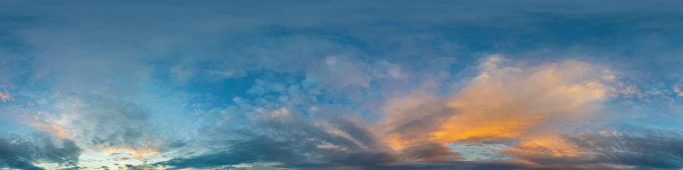 Dark blue sunset sky panorama with pink Cumulus clouds. Seamless hdr 360 pano in spherical equirectangular format. Full zenith for 3D visualization, game, sky replacement for aerial drone panoramas