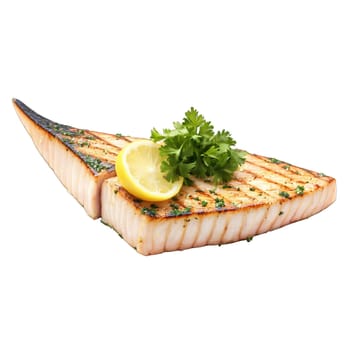 Grilled swordfish steak with a slice of lemon and a sprinkle of chopped parsley Summer. close-up food, isolated on transparent background