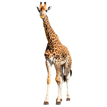 Animal isolated on transparent background. Regal giraffe Giraffa camelopardalis striding long neck distinctive coat pattern Animal photography.