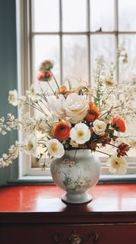 Beautiful floral arrangement with winter, autumn or early spring botanical plants and flowers