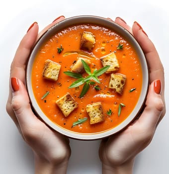 A person is enjoying a bowl of comforting tomato soup with crunchy croutons, a delicious dish made with fresh vegetables and savory ingredients