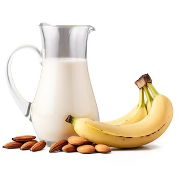 Almond milk in a glass pitcher served with a side of fresh banana slices and. Milk product isolated on transparent background