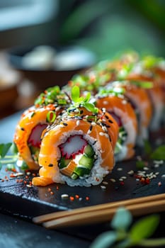 A closeup shot of a sushi roll displayed on a wooden cutting board with elegant chopsticks, showcasing the artistry of Japanese cuisine and tableware