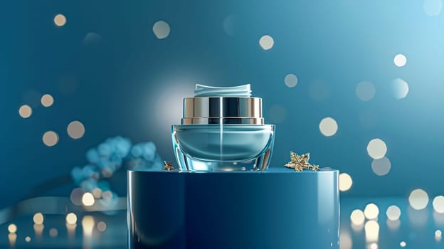 Cosmetic cream in a glass jar on a blue backdrop. Skin care concept. Background for beauty products