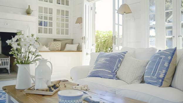 Interior of a living room with white walls, sofa and cushions. Sitting room in coastal cottage with sea view. Luxury lounge room