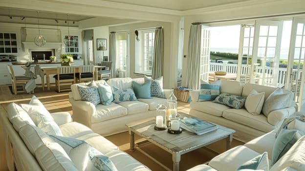 Interior of a living room with white walls, sofa and cushions. Sitting room in coastal cottage with sea view. Luxury lounge room