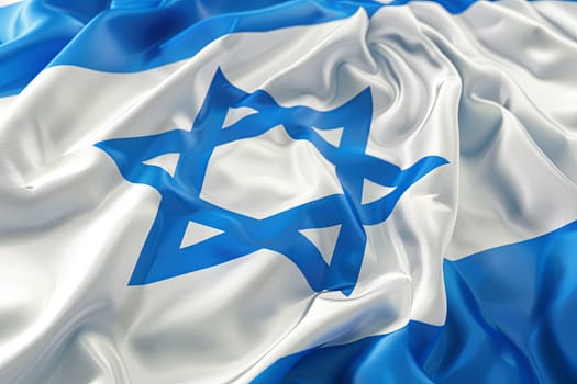 Detailed close-up of the national flag of Israel fluttering in the wind. The blue and white flag features a prominent Star of David.