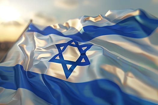 National flag of Israel waving in the wind, featuring the iconic Star of David in blue on a white background. Close-up view. 3D rendering.