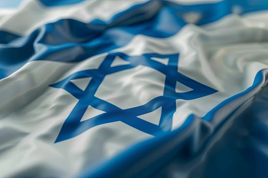 National flag of Israel with Star of David fluttering in the wind. Close-up view of a wavy white and blue flag with the symbol.