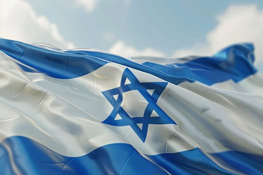 A close-up front view of the national flag of Israel fluttering in the wind, featuring the iconic white and blue design with a Star of David.