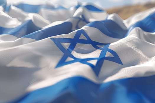 Front view of the wavy national flag of Israel, featuring white and blue colors with the Star of David. 3D render.