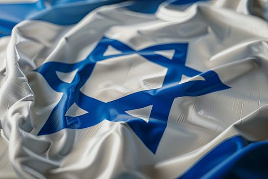 Flag of Israel with the Star of David on white and blue fabric, fluttering in the wind. Close-up front view.